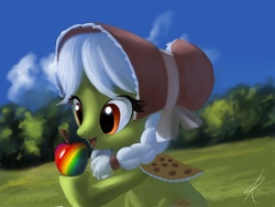 Size: 1024x768 | Tagged: dead source, safe, artist:grissaecrim, granny smith, earth pony, pony, g4, apple, female, filly, photoshop, solo, young granny smith, younger, zap apple