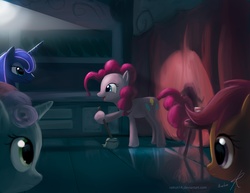 Size: 1540x1190 | Tagged: safe, artist:grissaecrim, pinkie pie, princess luna, scootaloo, sweetie belle, alicorn, earth pony, pegasus, pony, unicorn, g4, eye contact, female, filly, joke, looking at each other, mare, mop, performer, stage, stand-up comedy