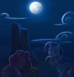 Size: 864x900 | Tagged: safe, artist:grissaecrim, pinkie pie, rarity, earth pony, pony, unicorn, g4, the last roundup, annoyed, backlighting, duo, eyes closed, female, hand car, mare, moon, night