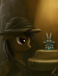 Size: 800x1045 | Tagged: dead source, safe, artist:grissaecrim, daring do, pegasus, pony, g4, bandage, bandaged wing, female, floppy ears, hat, mare, paint tool sai, pith helmet, ruins, sapphire statue, solo, wings