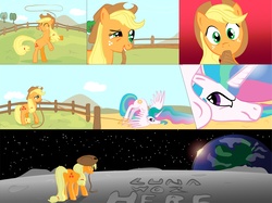 Size: 4168x3120 | Tagged: safe, artist:parallaxmlp, applejack, princess celestia, alicorn, earth pony, pony, g4, applebutt, banishment, butt, comic, female, lasso, mare, moon, mouth hold, photoshop, plot, rope