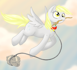 Size: 820x750 | Tagged: safe, artist:textris92, derpy hooves, pegasus, pony, g4, collar, female, flying, leash, mare, mouth hold, pet, pet tag, rock, solo, stick