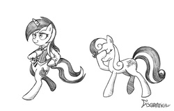 Size: 1000x640 | Tagged: dead source, safe, artist:discommunicator, bon bon, lyra heartstrings, sweetie drops, earth pony, pony, unicorn, g4, bipedal, bon bon is not amused, clothes, costume, duo, facehoof, female, grayscale, mare, monochrome, paint tool sai, simple background