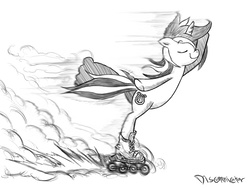 Size: 1000x750 | Tagged: dead source, safe, artist:discommunicator, lyra heartstrings, pony, unicorn, g4, eyes closed, female, grayscale, mare, monochrome, motion blur, roller skates, skating, solo