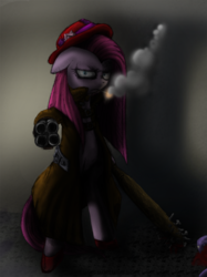 Size: 800x1067 | Tagged: dead source, safe, artist:bluehaakon, artist:discommunicator, pinkie pie, earth pony, pony, semi-anthro, g4, cigarette, clothes, club (weapon), coat, female, floppy ears, frown, gun, looking at you, mare, photoshop, pinkamena diane pie, smoking, solo, spiked club, standing, weapon