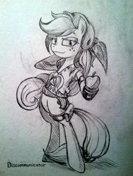 Size: 600x800 | Tagged: dead source, safe, artist:discommunicator, applejack, earth pony, pony, semi-anthro, g4, apple, arm hooves, clothes, costume, female, mare, monochrome, smiling, solo, standing, traditional art