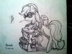 Size: 800x600 | Tagged: dead source, safe, artist:discommunicator, applejack, butterfly, earth pony, pony, g4, bipedal, bipedal leaning, crossover, engineer, engineer (tf2), female, goggles, leaning, mare, monochrome, solo, team fortress 2, traditional art
