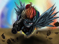 Size: 800x600 | Tagged: dead source, safe, artist:bluehaakon, artist:discommunicator, rainbow dash, pegasus, pony, g4, angry, crossover, female, flying, gun, heavy weapons guy, it's coming right at us, mare, minigun, photoshop, rage, solo, team fortress 2, weapon