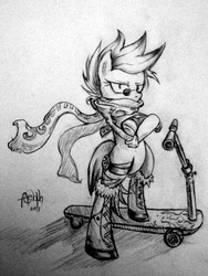 Size: 600x800 | Tagged: dead source, safe, artist:discommunicator, scootaloo, pegasus, pony, g4, bipedal, boots, clothes, costume, crossed hooves, female, filly, glasses, monochrome, paint tool sai, scarf, scooter, solo, sunglasses, traditional art