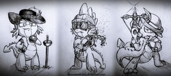 Size: 1350x600 | Tagged: dead source, safe, artist:discommunicator, spike, dragon, g4, costume, crossbow, goggles, hat, male, monochrome, paint tool sai, solo, steampunk, sword, traditional art, weapon