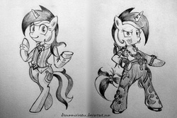 Size: 1200x800 | Tagged: dead source, safe, artist:discommunicator, lyra heartstrings, pony, unicorn, g4, bipedal, clothes, costume, cutie mark tattoo, dress shirt, female, grayscale, jacket, jewelry, mare, monochrome, necklace, necktie, paint tool sai, pants, solo, stylin', tail wrap, tattoo, traditional art, vest
