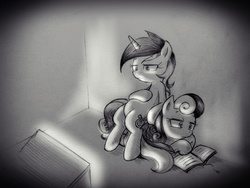 Size: 900x675 | Tagged: dead source, safe, artist:discommunicator, bon bon, lyra heartstrings, sweetie drops, earth pony, pony, unicorn, g4, book, duo, female, glowing, grayscale, mare, monochrome, reading, sitting, sitting lyra, sitting on pony, television
