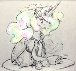Size: 896x842 | Tagged: dead source, safe, artist:discommunicator, princess celestia, alicorn, pony, g4, alternate hairstyle, black and white, clothes, female, grayscale, hoodie, mare, monochrome, paint tool sai, partial color, sitting, solo, sweater, traditional art