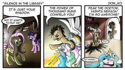 Size: 1024x575 | Tagged: dead source, safe, artist:bluehaakon, artist:don-ko, doctor whooves, fluttershy, princess celestia, time turner, twilight sparkle, alicorn, earth pony, pegasus, pony, unicorn, comic:silence in the library, dragonshy, g4, asphyxiation, behaving like a weapon, blushing, comic, crossover, doctor who, erotic asphyxiation, female, golden oaks library, horn, horngasm, library, male, mare, orgasm, photoshop elements, scene parody, shadow, stallion, the power of christ compels you, tongue out, unicorn twilight, vashta nerada, yay