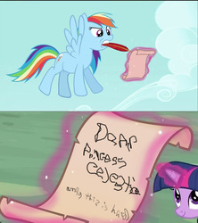 Size: 621x700 | Tagged: dead source, safe, artist:bluehaakon, edit, edited screencap, screencap, mare do well, rainbow dash, twilight sparkle, pegasus, pony, unicorn, g4, season 2, the mysterious mare do well, 2 panel comic, comic, duo, female, flying, letter, magic, mare, mouth drawing, mouth hold, pen, photoshop, quill, quill pen, screencap comic, scroll, writing
