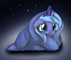 Size: 528x448 | Tagged: dead source, safe, artist:bluehaakon, artist:jessy, princess luna, alicorn, pony, g4, baby, baby luna, baby pony, blanket, cold, curled up, cute, female, filly, floppy ears, foal, night, photoshop elements, sad, shivering, solo, trying to stay warm, woona