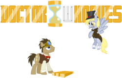 Size: 9391x6000 | Tagged: safe, artist:the smiling pony, derpy hooves, doctor whooves, time turner, earth pony, pegasus, pony, g4, absurd resolution, crossover, doctor who, eye contact, female, goggles, hat, inkscape, looking at each other, male, mare, mistake, mouth hold, ship:doctorderpy, shipping, simple background, sonic screwdriver, stallion, steampunk, straight, the doctor, top hat, transparent background, vector