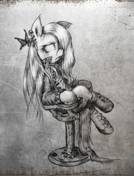 Size: 680x891 | Tagged: dead source, safe, artist:discommunicator, fluttershy, pegasus, pony, g4, boots, chair, clothes, costume, ear piercing, earring, female, flutterbitch, grayscale, hair over one eye, jewelry, mare, monochrome, piercing, sitting, solo
