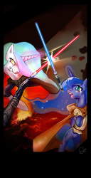 Size: 650x1270 | Tagged: dead source, safe, artist:bloo-ocean, princess celestia, princess luna, alicorn, pony, g4, clothes, crossover, duo, energy weapon, female, fight, lightsaber, mare, sisters, star wars, weapon
