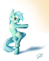 Size: 850x1047 | Tagged: dead source, safe, artist:bloo-ocean, lyra heartstrings, pony, unicorn, g4, balancing, bipedal, dancing, female, gradient background, happy, mare, open mouth, open smile, photoshop, raised hoof, raised leg, smiling, solo, standing, standing on one leg, wink