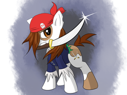 Size: 1600x1200 | Tagged: dead source, safe, artist:rolo, pipsqueak, earth pony, pony, g4, abstract background, adult, clothes, colt, costume, male, mouth hold, older, older pipsqueak, pirate, solo, sword, weapon
