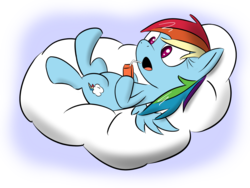 Size: 1600x1200 | Tagged: dead source, safe, artist:rolo, rainbow dash, pegasus, pony, g4, cloud, female, hooves, juice box, lying down, lying on a cloud, mare, on a cloud, on back, open mouth, simple background, solo, transparent background, wings
