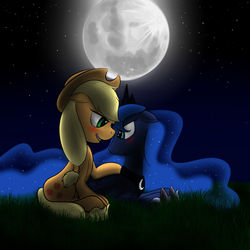 Size: 1400x1400 | Tagged: dead source, safe, artist:rolo, applejack, princess luna, alicorn, earth pony, pony, g4, blushing, eye contact, female, floppy ears, grass, lesbian, looking at each other, mare, moon, night, prone, ship:lunajack, shipping