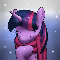 Size: 1200x1200 | Tagged: dead source, safe, artist:rolo, twilight sparkle, pony, unicorn, g4, blushing, clothes, cute, eyes closed, female, happy, mare, scarf, snow, snowfall, solo, twiabetes