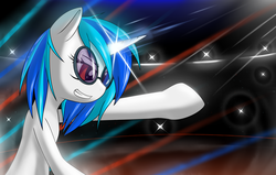 Size: 4100x2600 | Tagged: dead source, safe, artist:rolo, dj pon-3, vinyl scratch, pony, unicorn, g4, female, grin, lens flare, mare, red eyes, solo, sunglasses, wrong eye color