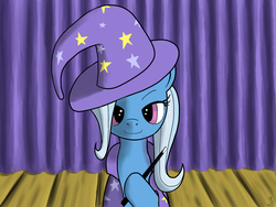 Size: 1600x1200 | Tagged: dead source, safe, artist:rolo, trixie, pony, unicorn, g4, female, looking at you, mare, smiling, solo, stage, wand