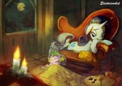 Size: 1518x1062 | Tagged: safe, artist:electrixocket, rarity, spike, dragon, pony, unicorn, g4, baby, baby dragon, candle, cute, duo, duo male and female, fainting couch, female, floppy ears, glowing, interior, interspecies, male, mare, moon, night, photoshop, prone, ship:sparity, shipping, sleeping, spikabetes, straight, window