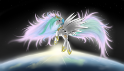 Size: 7000x4000 | Tagged: dead source, safe, artist:rolo, princess celestia, alicorn, pony, g4, absurd resolution, backlighting, female, mare, planet, solo, space