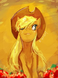 Size: 1172x1563 | Tagged: safe, artist:electrixocket, applejack, earth pony, pony, g4, abstract background, female, mare, photoshop, smiling, solo