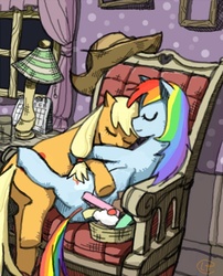 Size: 500x618 | Tagged: dead source, safe, artist:lentoto, applejack, rainbow dash, earth pony, pegasus, pony, g4, butt, chair, cute, female, hug, lesbian, mare, paint tool sai, plot, ship:appledash, shipping, sleeping