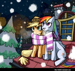 Size: 740x699 | Tagged: dead source, safe, artist:lentoto, applejack, rainbow dash, earth pony, pegasus, pony, g4, clothes, female, lesbian, mare, night, paint tool sai, rooftop, scarf, shared clothing, shared scarf, ship:appledash, shipping, sitting, smiling, snow, winter