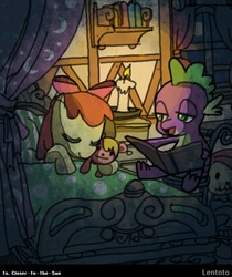 Size: 802x955 | Tagged: dead source, safe, artist:lentoto, apple bloom, spike, dragon, earth pony, pony, g4, bed, bedtime story, book, candle, curtains, duo, female, filly, male, paint tool sai, plushie, ship:spikebloom, shipping, sleeping, straight