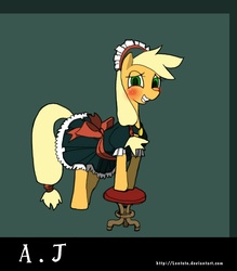 Size: 1000x1142 | Tagged: dead source, safe, artist:lentoto, applejack, earth pony, pony, g4, blushing, clothes, female, maid, mare, paint tool sai, solo, stool