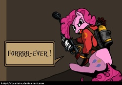 Size: 1530x1070 | Tagged: safe, artist:lentoto, pinkie pie, earth pony, pony, g4, crossover, female, flamethrower, forever, looking at you, looking back, mare, paint tool sai, pinkie pyro, pyro (tf2), sitting, solo, team fortress 2, weapon