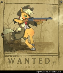 Size: 1552x1784 | Tagged: safe, artist:lentoto, applejack, earth pony, pony, g4, bipedal, clothes, female, gun, mare, paint tool sai, poster, solo, wanted poster, weapon, western, wild west