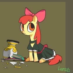 Size: 800x800 | Tagged: safe, artist:lentoto, apple bloom, earth pony, pony, g4, apple bloom's bow, book, bow, broken, broken glass, broken vase, clothes, female, filly, hair bow, maid, paint tool sai, shattered, shattered glass, simple background, sitting, solo, vase