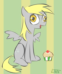 Size: 867x1031 | Tagged: safe, artist:lentoto, derpy hooves, pegasus, pony, g4, abstract background, cupcake, female, happy, mare, open mouth, open smile, paint tool sai, sitting, smiling, solo