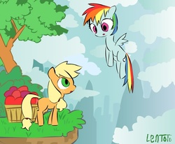 Size: 689x567 | Tagged: safe, artist:lentoto, applejack, rainbow dash, earth pony, pegasus, pony, g4, apple, cliff, cloud, female, flying, food, mare, paint tool sai