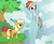 Size: 689x567 | Tagged: safe, artist:lentoto, applejack, rainbow dash, earth pony, pegasus, pony, g4, apple, cliff, cloud, female, flying, food, mare, paint tool sai