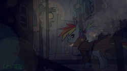 Size: 1920x1080 | Tagged: safe, artist:lentoto, rainbow dash, pegasus, pony, g4, alternate hairstyle, cigarette, city, clothes, female, mare, night, paint tool sai, profile, solo, trenchcoat, wallpaper