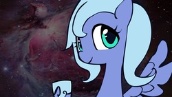 Size: 1920x1080 | Tagged: safe, artist:lentoto, princess luna, alicorn, pony, g4, bust, cute, female, filly, horn, looking at you, mare, portrait, smiling, solo, spread wings, the cosmos, wallpaper, wings, woona