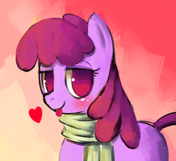 Size: 566x521 | Tagged: safe, artist:mewball, berry punch, berryshine, earth pony, pony, g4, blushing, clothes, female, heart, looking at you, mare, no pupils, raspberry, scarf, solo, tongue out