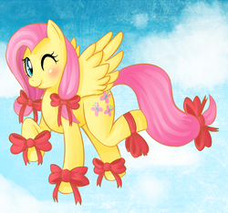 Size: 963x900 | Tagged: safe, artist:mewball, fluttershy, pegasus, pony, g4, blushing, bow, female, flying, hair bow, mare, present, ribbon, solo, tail bow, wink