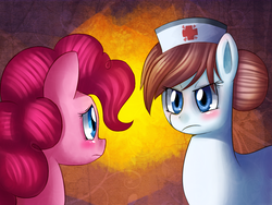 Size: 1000x750 | Tagged: safe, artist:mewball, nurse redheart, pinkie pie, earth pony, pony, g4, abstract background, angry, eye contact, female, looking at each other, mare, scene interpretation