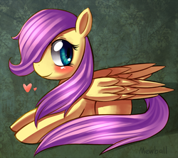 Size: 803x716 | Tagged: safe, artist:mewball, fluttershy, pegasus, pony, g4, abstract background, blushing, cute, daaaaaaaaaaaw, female, filly, filly fluttershy, foal, happy, heart, mare, prone, solo, younger