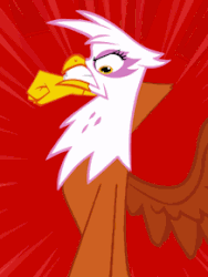 Size: 218x290 | Tagged: safe, artist:misterdavey, gilda, griffon, g4, angry, animated, female, fist, gif, gilda wants you to shut up, grimdark source, implied abuse, implied pinkie pie, offscreen character, punch, rage, red background, simple background, solo, spread wings, vulgar source, wings, youtube link